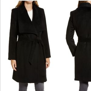 Cole Haan drape lapel belted wool black coat